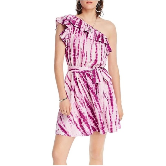 💃🏻LINI Linen Blend Pink Tie-Dye One-Shoulder Dress - Picture 1 of 6